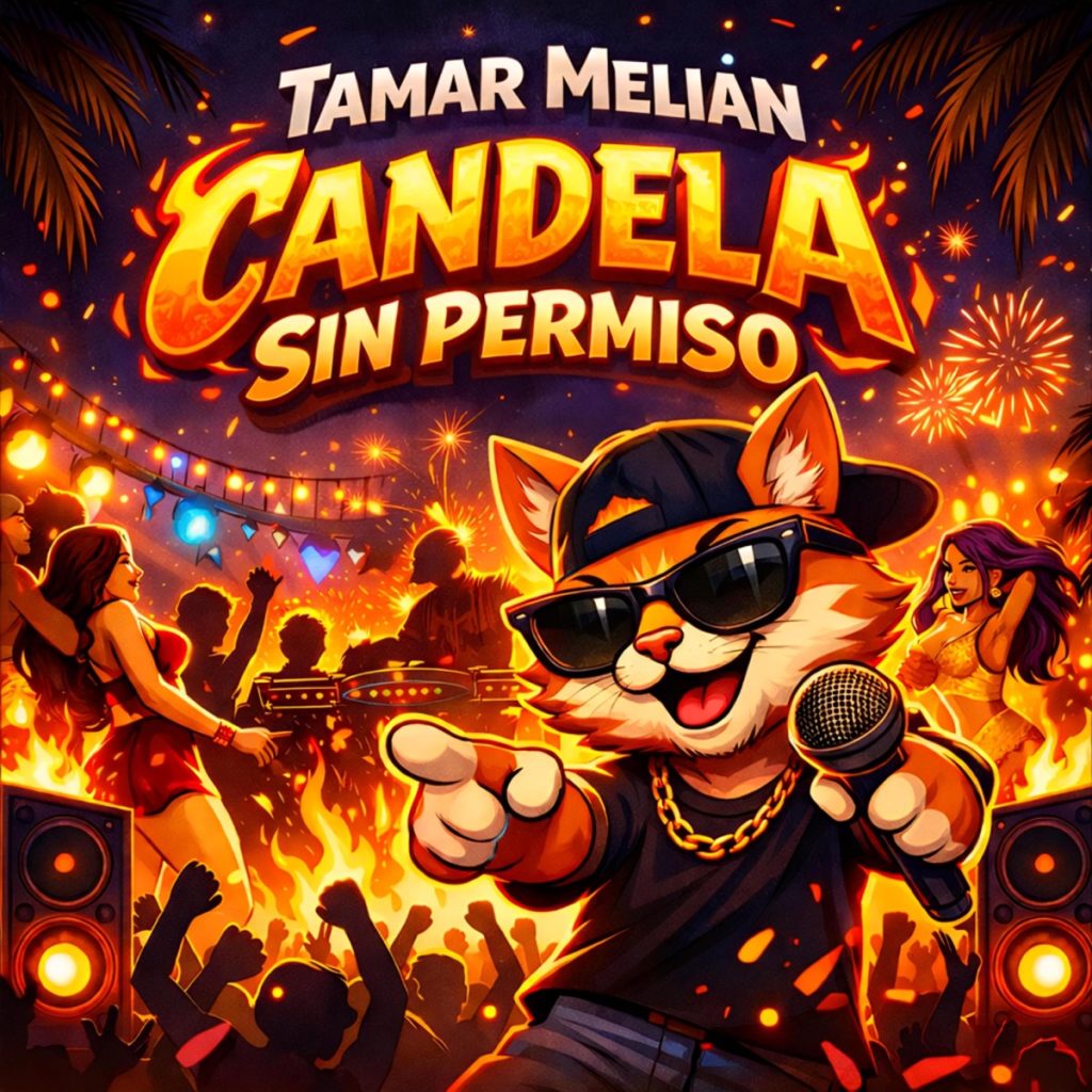 Portada oficial de Candela sin permiso con un gato rapero, micrófono, gafas oscuras, altavoces y una fiesta tropical en llamas
