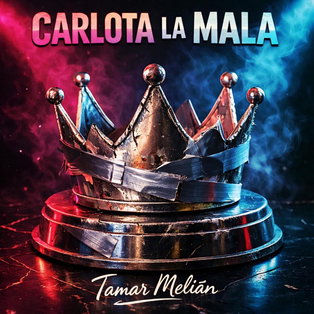 Carlota la mala: la corona de cinta americana que nadie quiso heredar 2 Portada oficial de Carlota la mala con una corona rota reparada con cinta americana sobre fondo rojo y cian