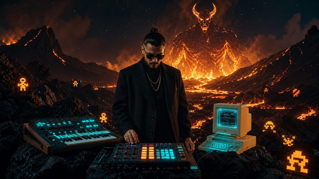 Tamar Melian produciendo música en un campo volcánico con una silueta mítica de lava al fondo