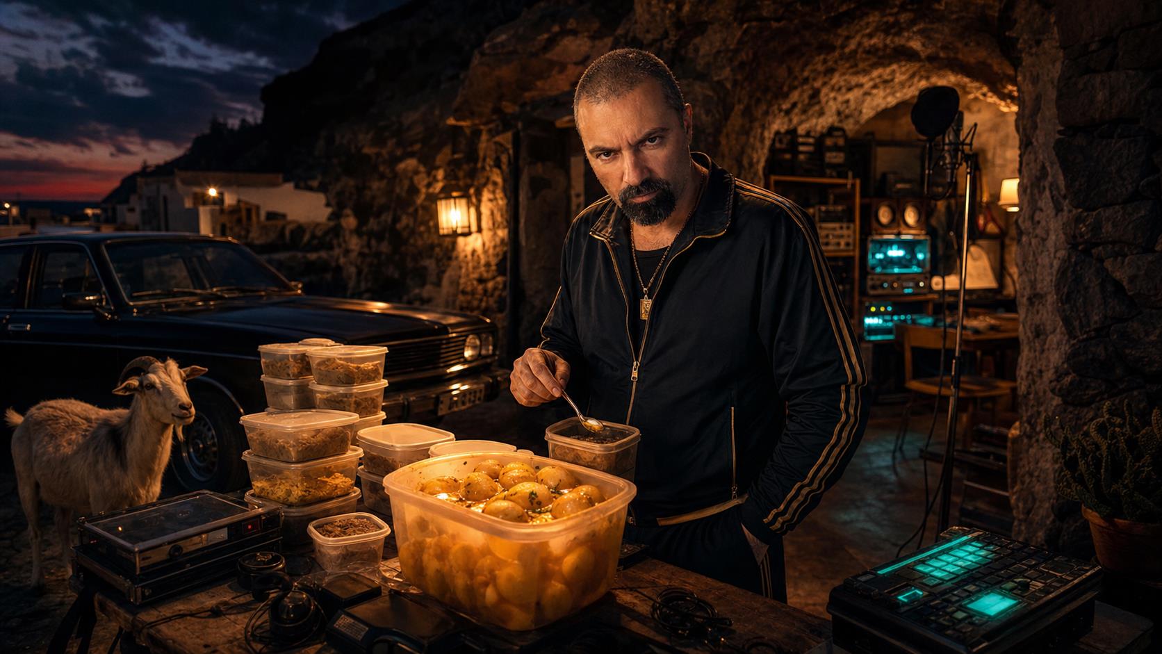 El imno del taper: cuando la comida de ayer vuelve con flow de jefe final 4 Tamar Melián ante una mesa de táperes en una casa cueva convertida en estudio musical, junto a un coche negro y una cabra vigilante