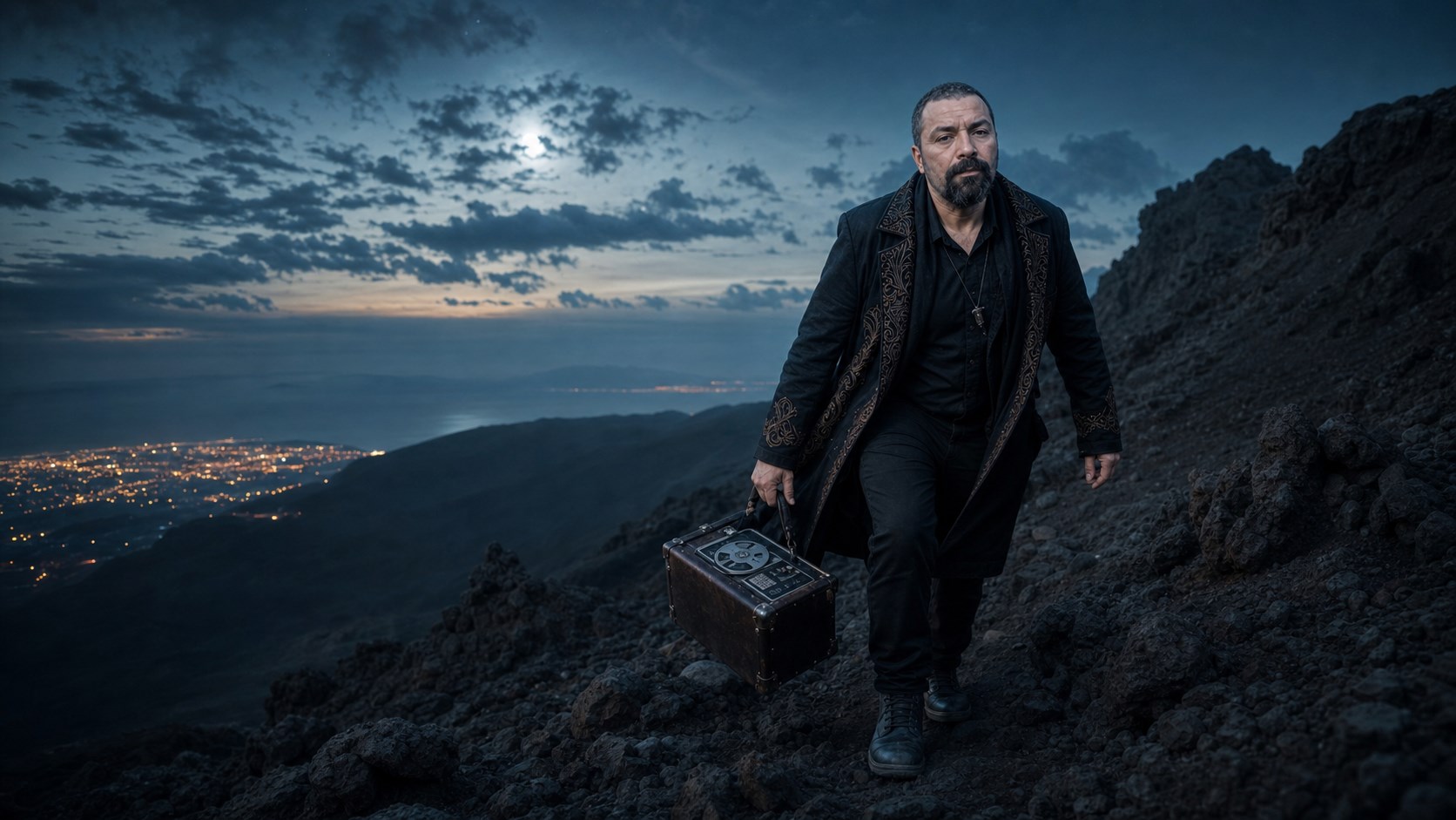 El loco de la colina: relaciones tóxicas, música con IA y ganas de huir al monte 5 Tamar Melián asciende por una montaña volcánica de noche con un estudio musical portátil mientras la ciudad queda abajo