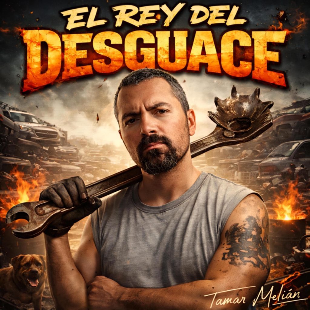 Portada oficial de El rey del desguace con Tamar Melián sosteniendo una gran llave entre coches apilados, fuego y un perro