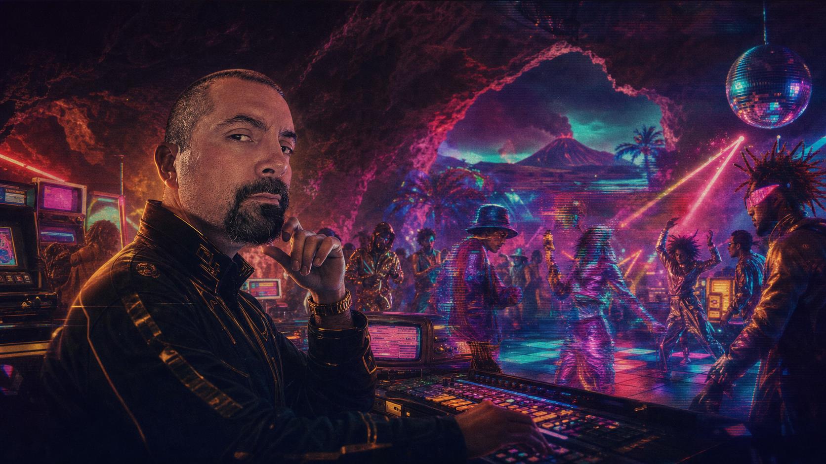 Tamar Melián en una cueva volcánica convertida en discoteca retrofuturista con bailarines glitch y máquinas arcade