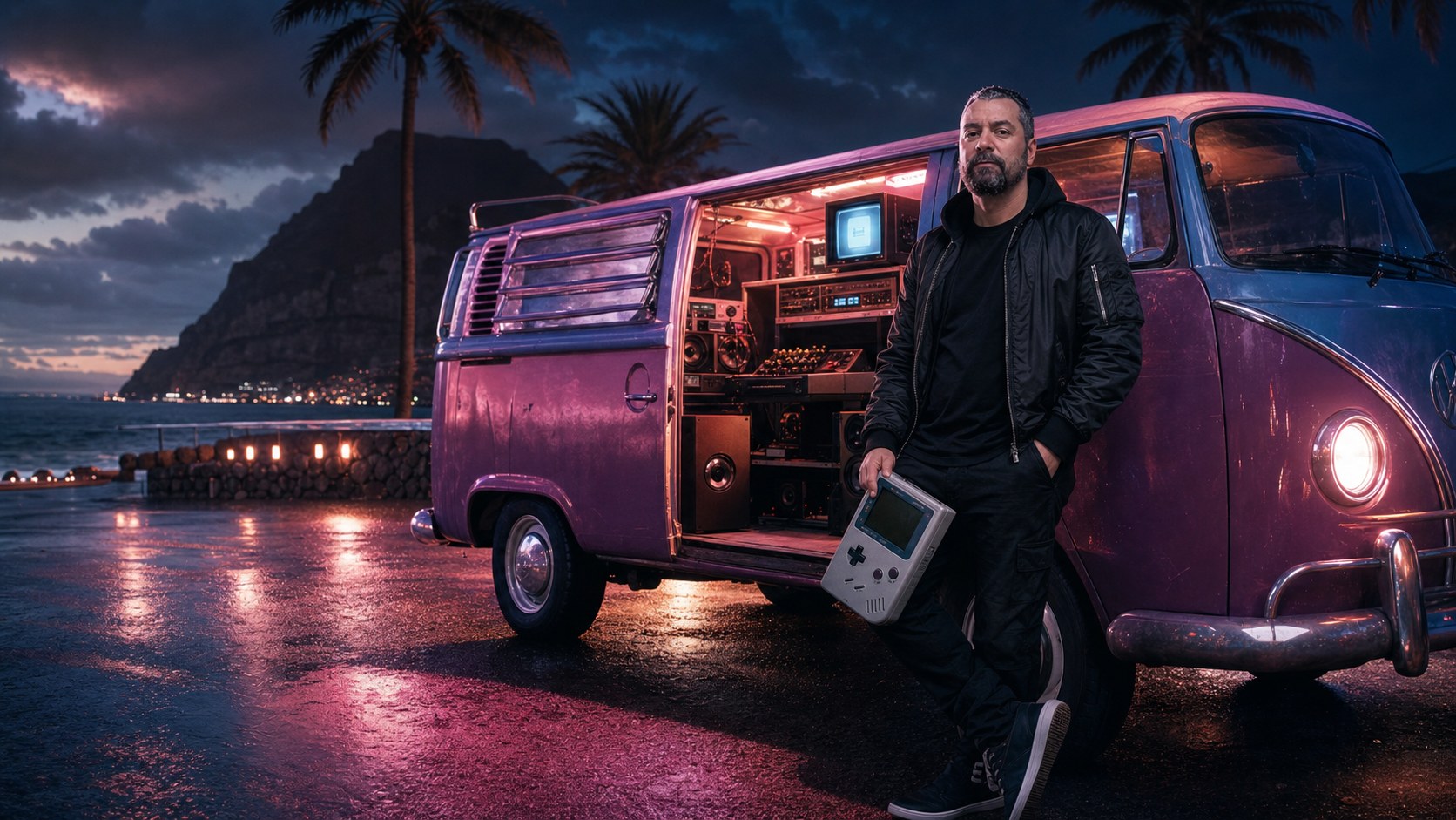 Fiesta en mi furgo: la discoteca que aparca donde le da la gana 4 Tamar Melián junto a una furgoneta retro convertida en estudio musical móvil en una carretera volcánica nocturna