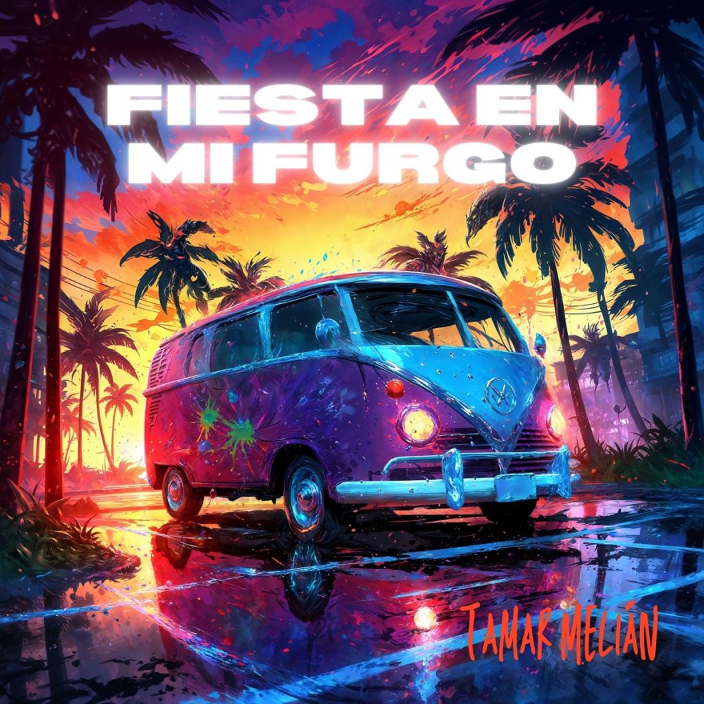 Fiesta en mi furgo: la discoteca que aparca donde le da la gana 2 Portada oficial de Fiesta en mi furgo con una furgoneta retro bajo palmeras y luces tropicales