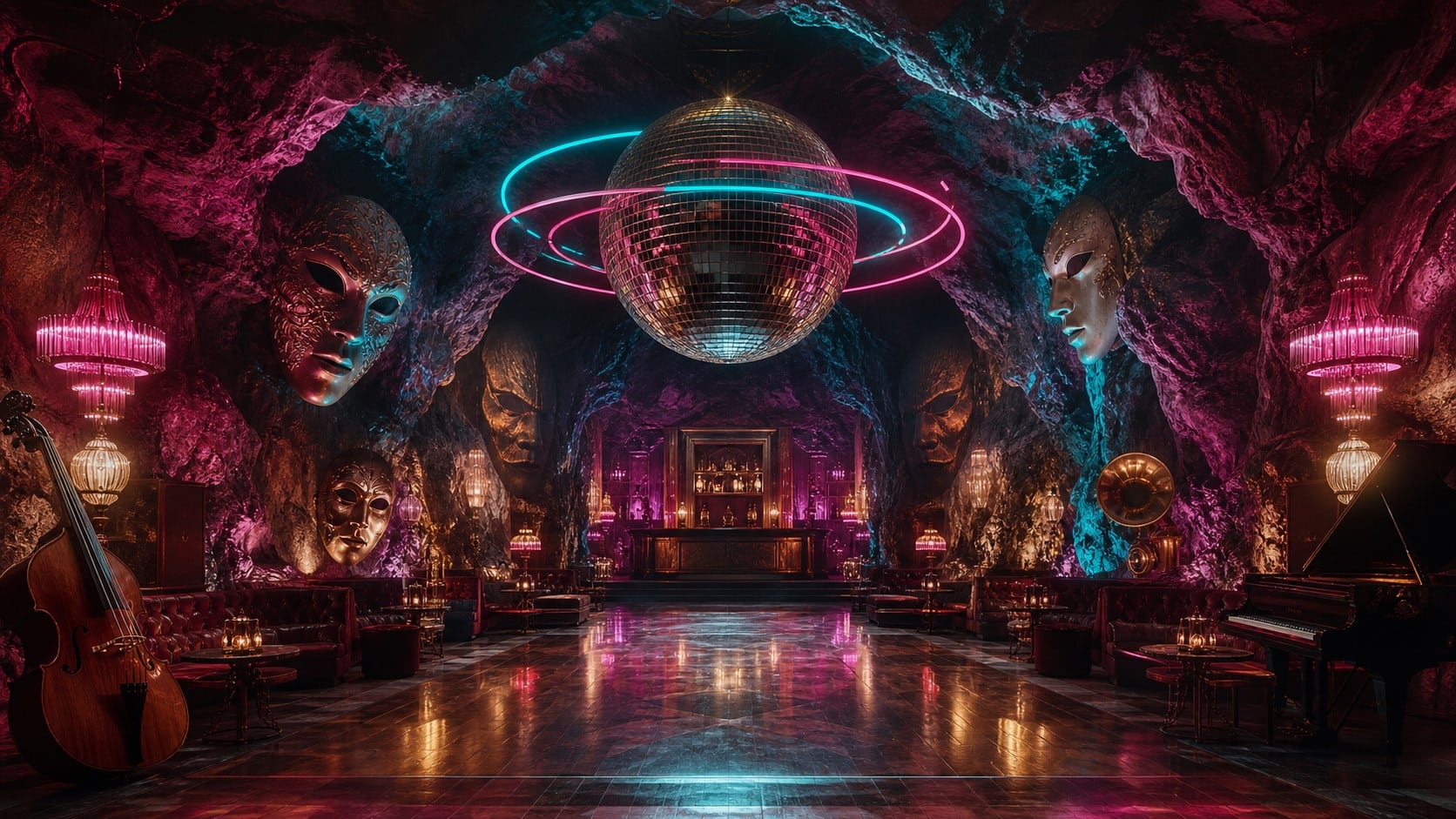 Fiesta Macabra de Tamar Melián: cuando bailar también puede ser oscuro 4 Salón de baile retro dentro de una cueva con máscaras y neón inspirado en Fiesta Macabra de Tamar Melián