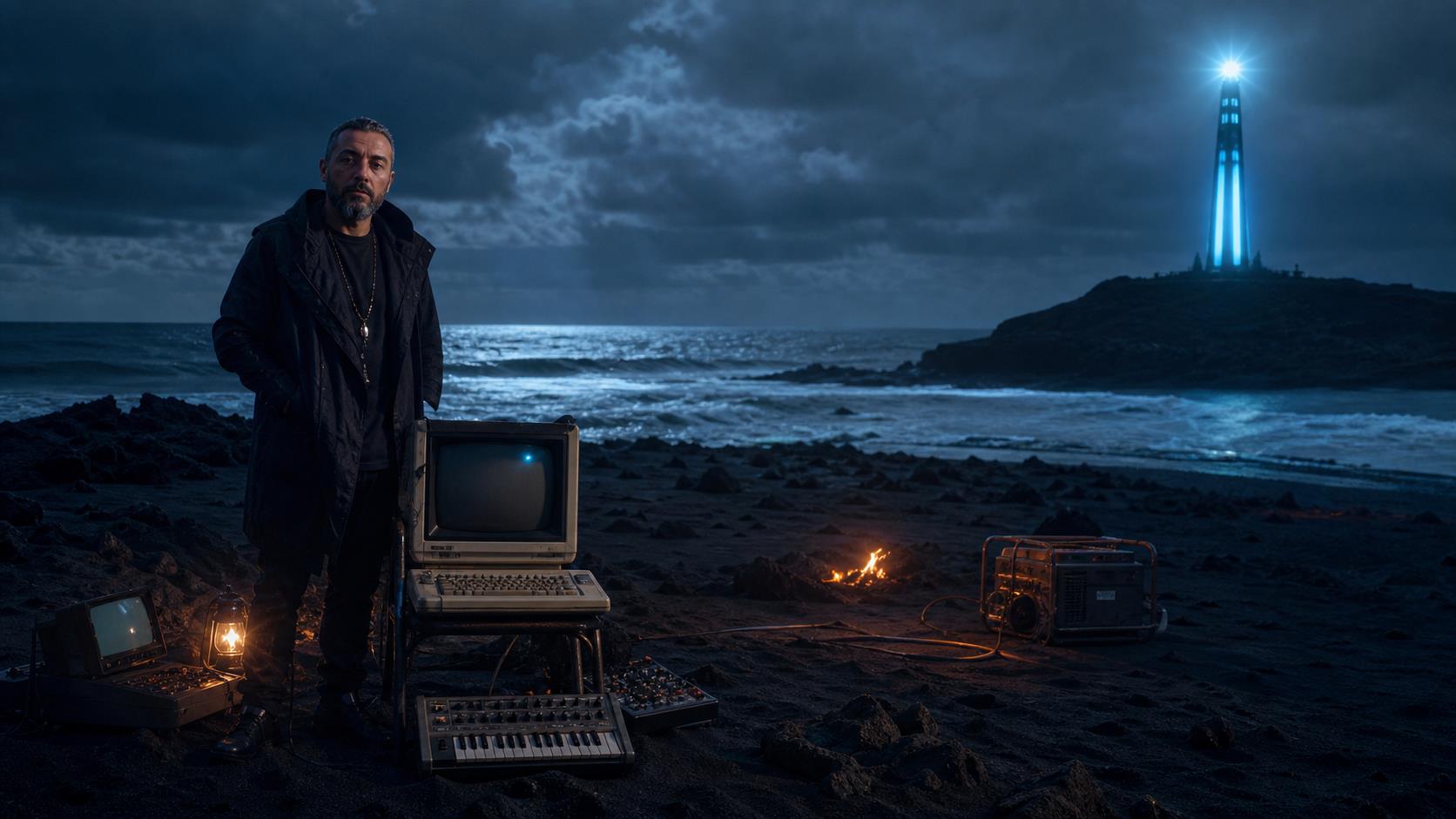 Isla desierta: quedarse solo hasta que el silencio empieza a opinar 4 Tamar Melián en una isla de arena negra con estudio retro, faro de neón y atmósfera de ciencia ficción