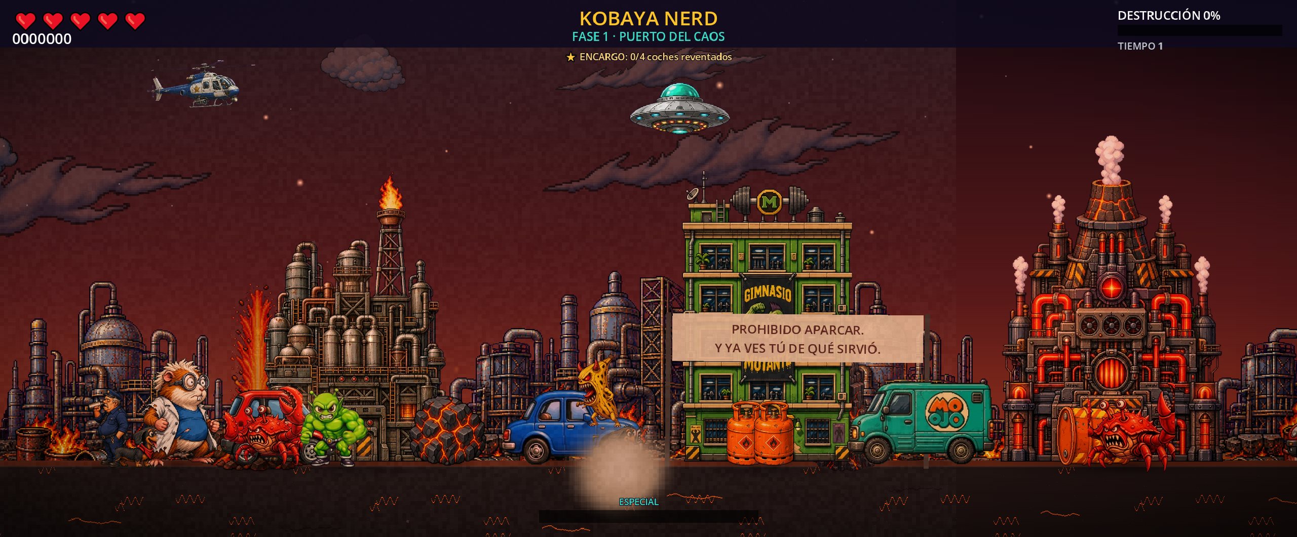 Kobaya Nerd: 39 años vigilando el puerto, y ahora esto 10 Gameplay de Kobaya Nerd en Armagofión con fábricas, OVNI, helicóptero, meteorito, enemigos y escenario apocalíptico