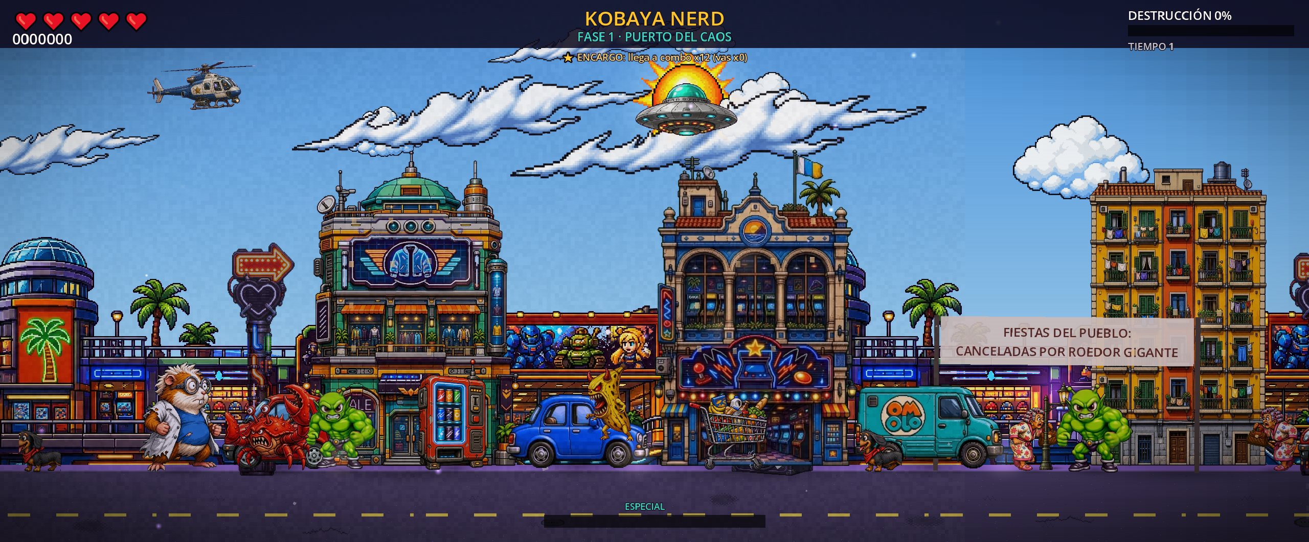 Captura de Kobaya Nerd en el centro urbano con edificios, enemigos y un ovni