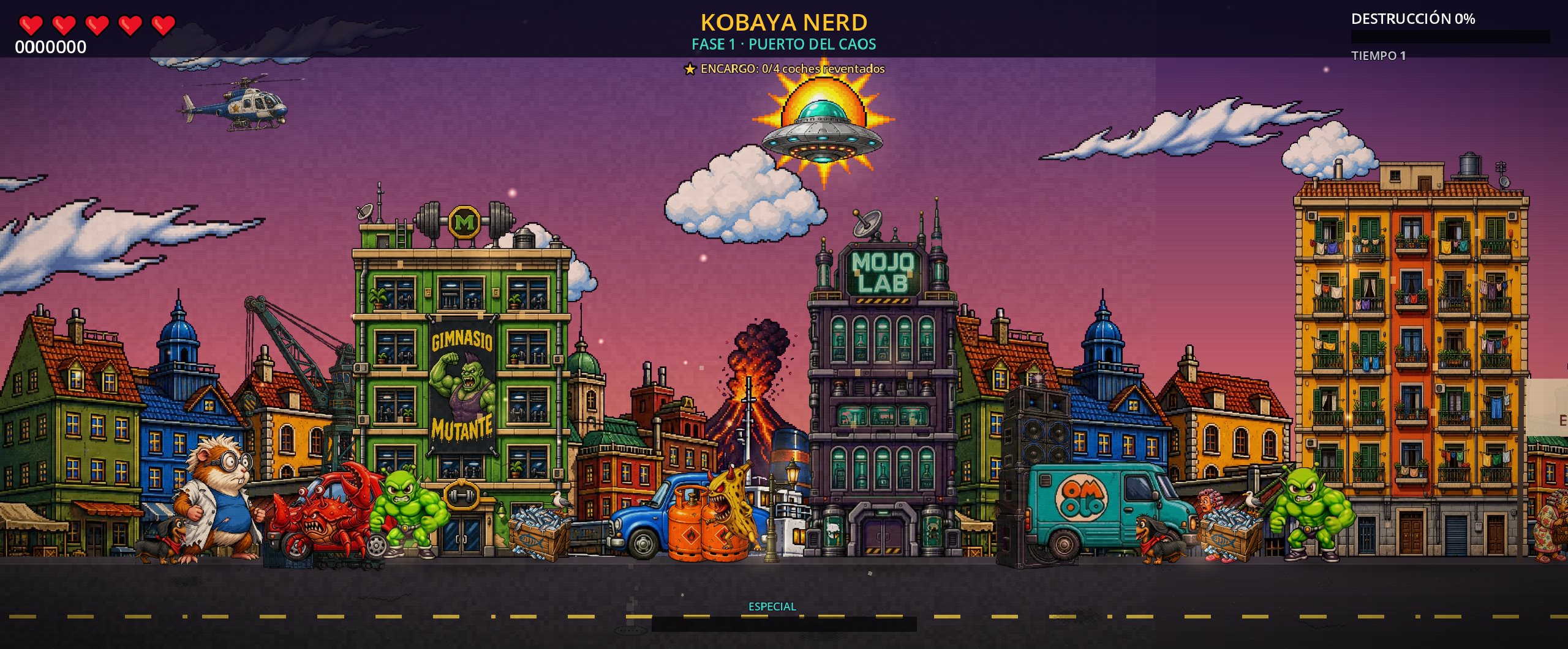 Kobaya Nerd: 39 años vigilando el puerto, y ahora esto 6 Gameplay de Kobaya Nerd en Puerto del Caos con gimnasio mutante, laboratorio Mojo Lab, vehículos y enemigos