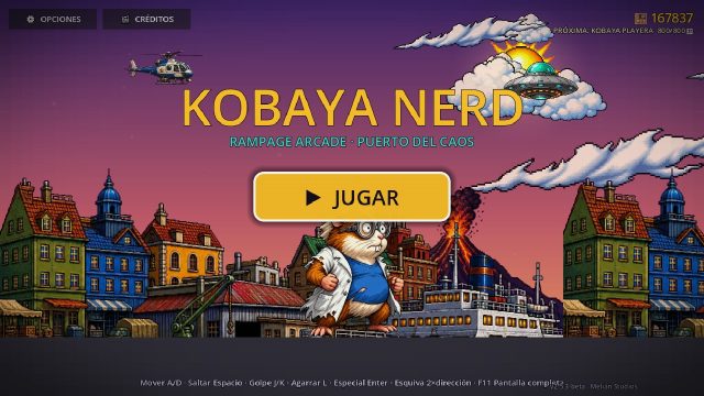 Tamar Melián | Productor musical y creador audiovisual 3 Pantalla de título de Kobaya Nerd con la Kobaya gigante, el puerto y un volcán