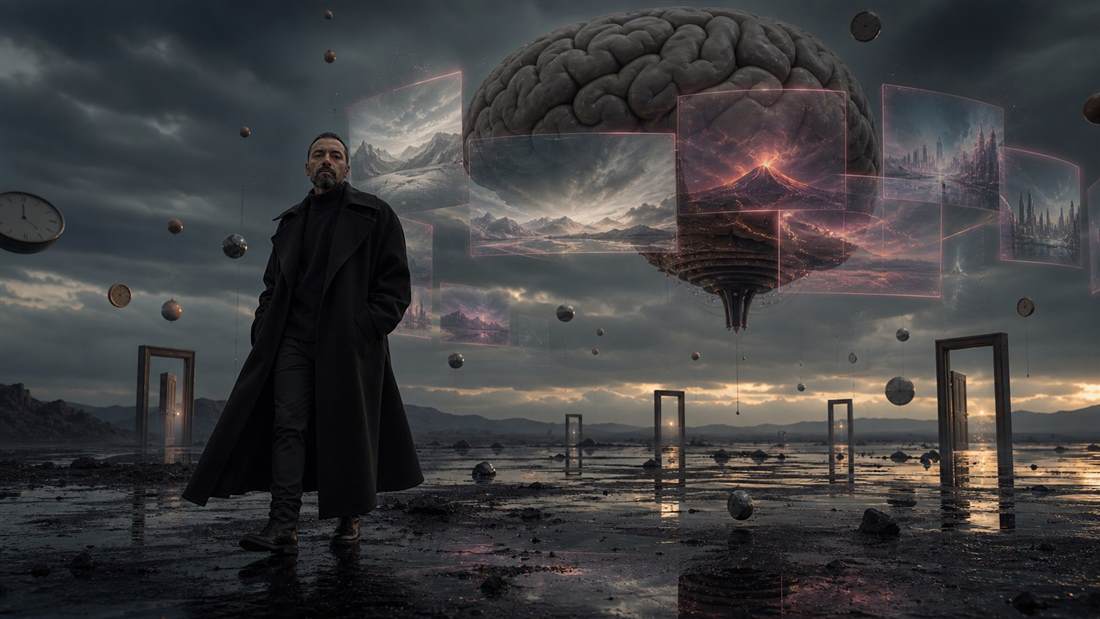 Tamar Melian bajo un cerebro gigante entre espejos y paisajes mentales contradictorios