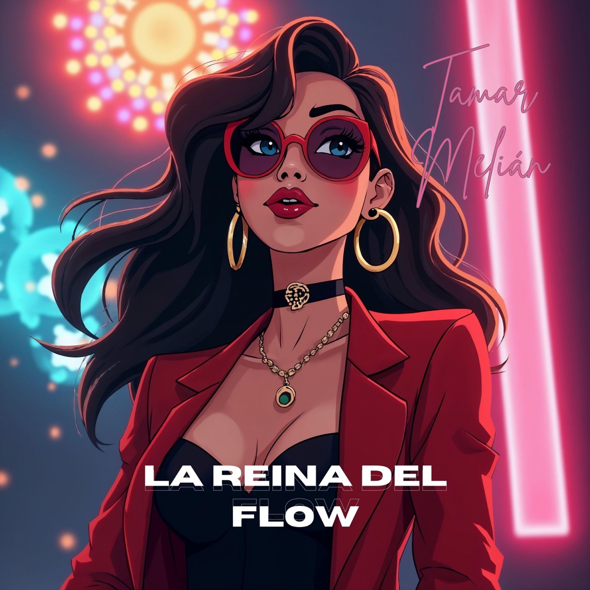 La reina del Flow: neón, poder y una corona que no pide permiso 3 Portada oficial de La reina del Flow con una mujer de blazer rojo, gafas, joyas y luces de neón