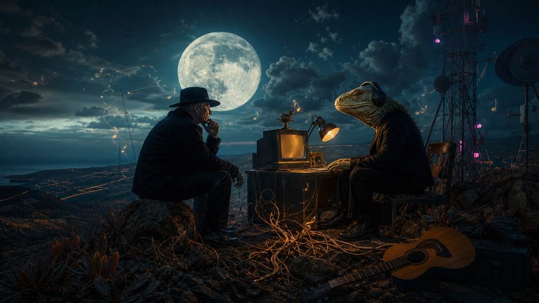Tamar Melian conversa con un gran lagarto elegante junto a un monitor retro en un monte nocturno