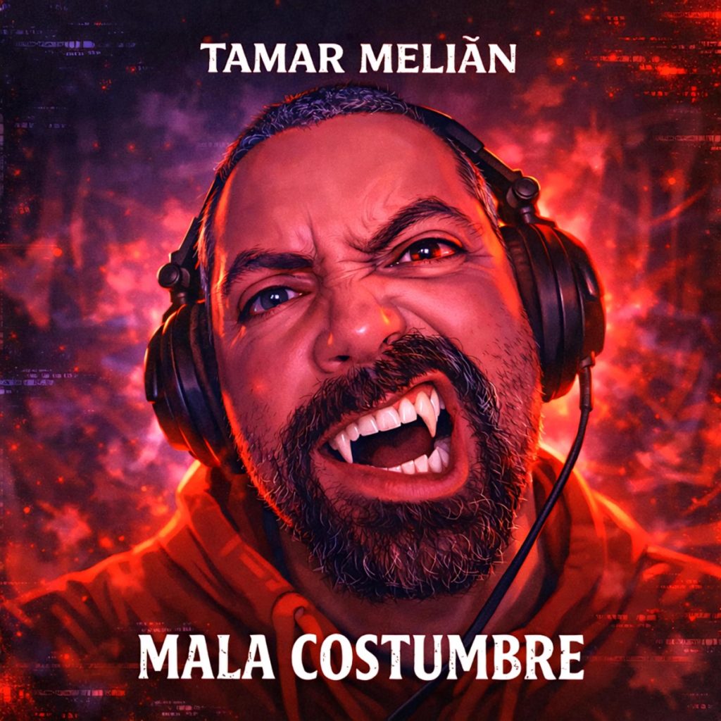 Portada oficial de Mala costumbre con Tamar Melián usando auriculares entre fuego rojo y colmillos