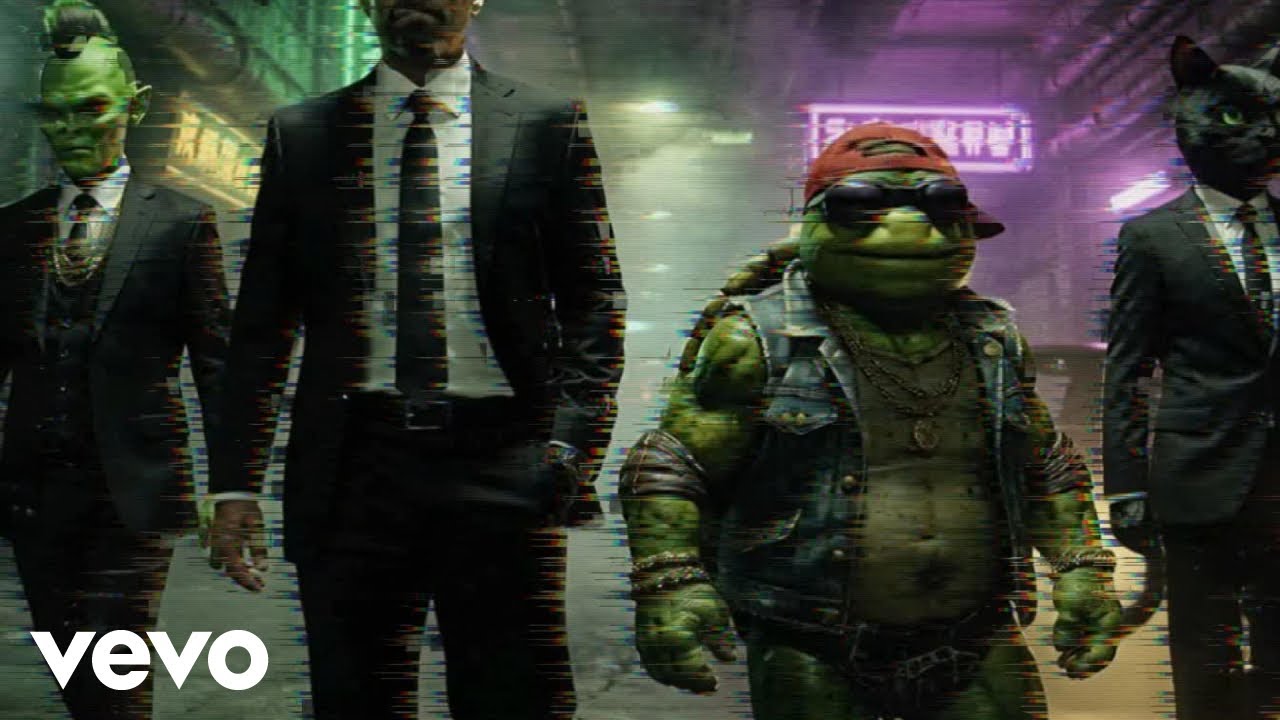 Me importa todo una mierda: armadura urbana, mutantes y cero formularios 4 Fotograma glitch del videoclip Me importa todo una mierda con criaturas mutantes vestidas como una banda urbana