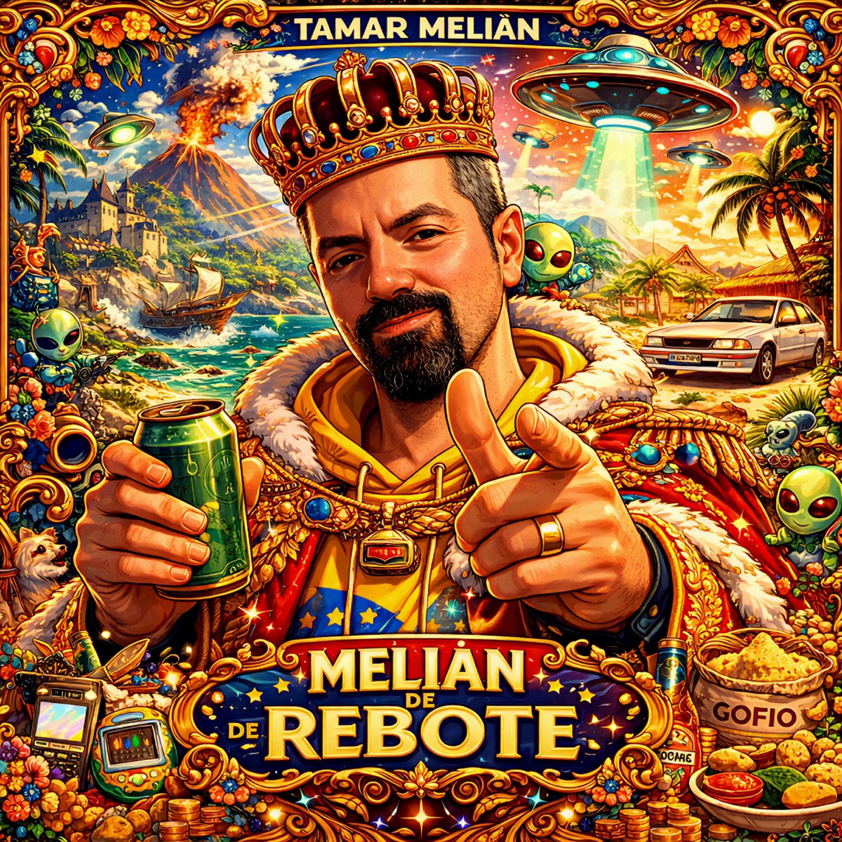 Portada oficial de Melián de rebote con Tamar coronado entre alienígenas, volcán, coche retro, gofio y objetos de ciencia ficción