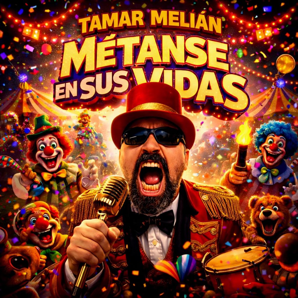 Portada oficial de Métanse en sus vidas con Tamar Melián como maestro de ceremonias rodeado de payasos