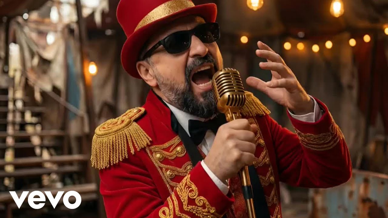 Métanse en sus vidas: el circo donde todo el mundo opina menos quien debería 4 Fotograma del videoclip Métanse en sus vidas con Tamar Melián vestido de maestro de ceremonias rojo ante un micrófono dorado
