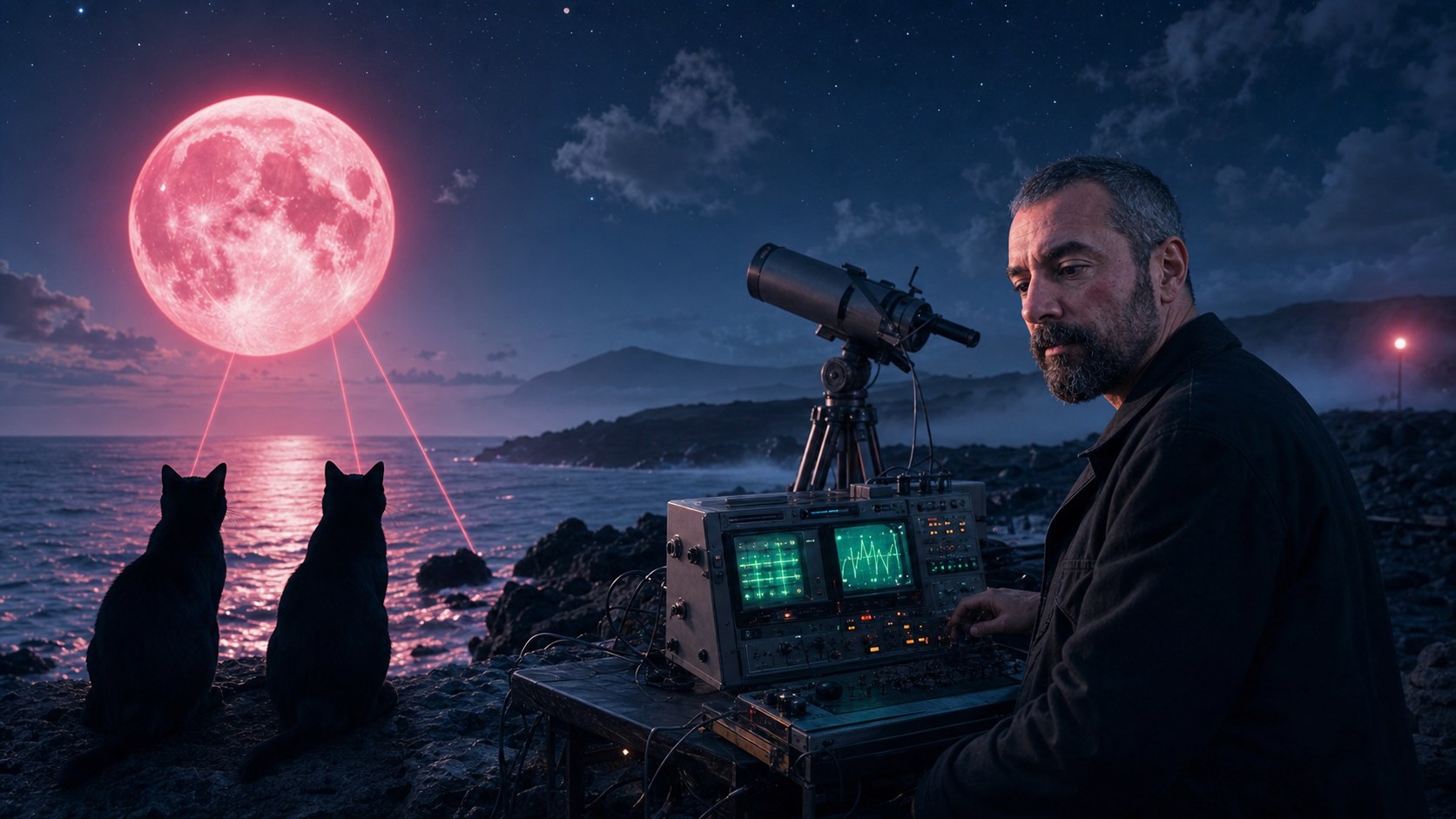 Tamar Melián en un observatorio musical retro junto a dos gatos negros y una gran luna rosa sobre el Atlántico