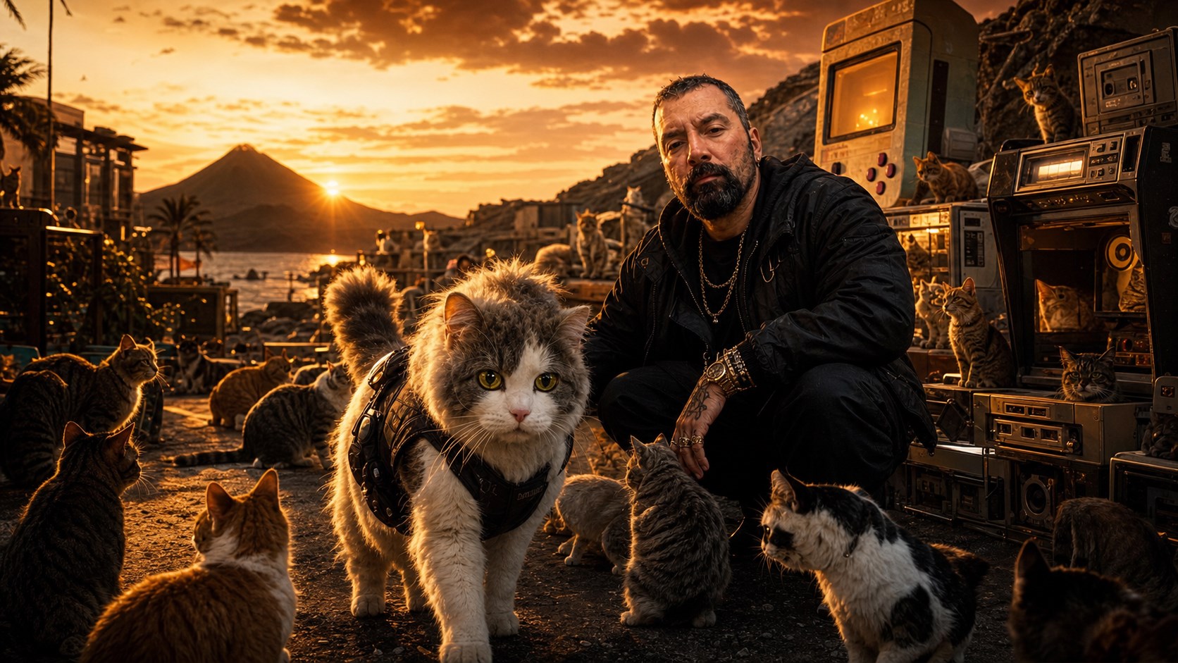 Miaumorsito, el héroe de los gatos callejeros: capa, refugio y ronroneo de barrio 4 Tamar Melián junto a Miaumorsito y una colonia de gatos en un refugio retrofuturista al atardecer