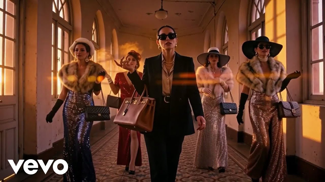 Muerte en Hawai 2.0: lujo, ataúdes y vacaciones que salieron regular 4 Fotograma del videoclip Muerte en Hawai 2.0 con cinco mujeres elegantes caminando por un pasillo al atardecer