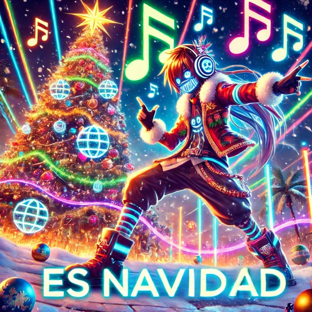 Navidad y nada más: villancico de neón para sobrevivir al grupo familiar 2 Portada oficial de Navidad y nada más con un personaje de estética urbana, árbol iluminado y notas musicales de neón