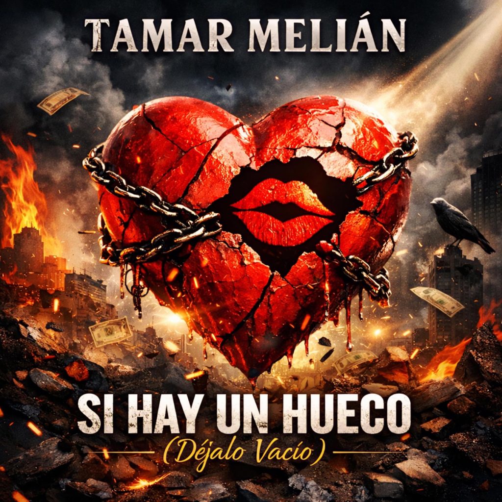 Portada oficial de Si hay un hueco, déjalo vacío con un corazón rojo roto, encadenado y suspendido sobre una ciudad en llamas