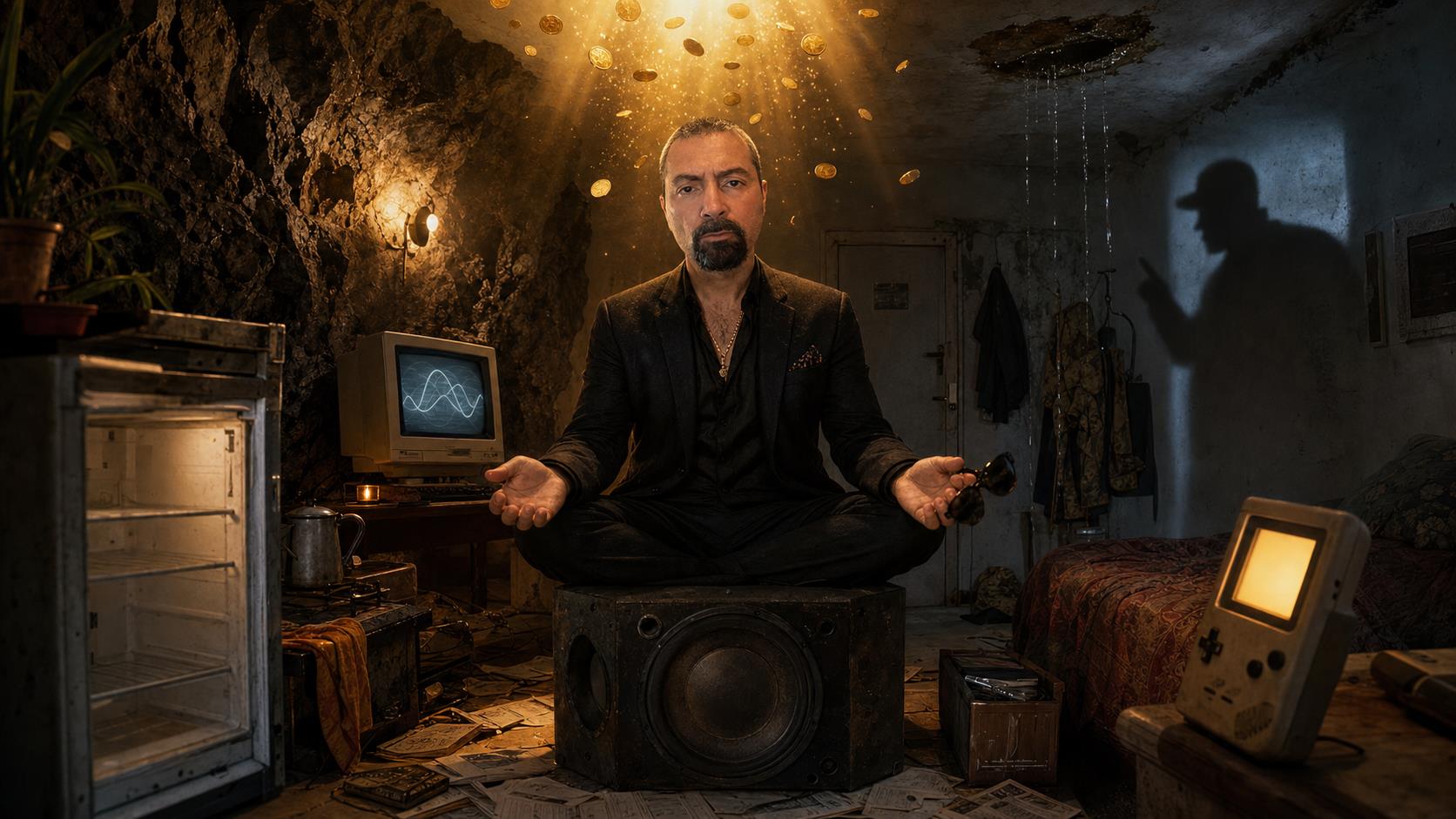 Vibra alto, paga el alquiler: espiritualidad premium con gotera incluida 4 Tamar Melián medita sobre un altavoz en una vivienda cueva con goteras, monedas luminosas, ordenador retro y sombra del casero