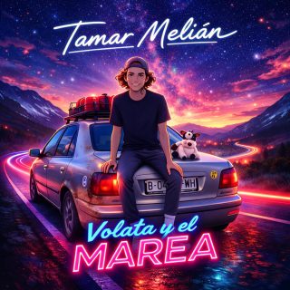 Música para conducir de noche 1 Portada de Volata y el Marea con coche, equipaje y una carretera nocturna de neón