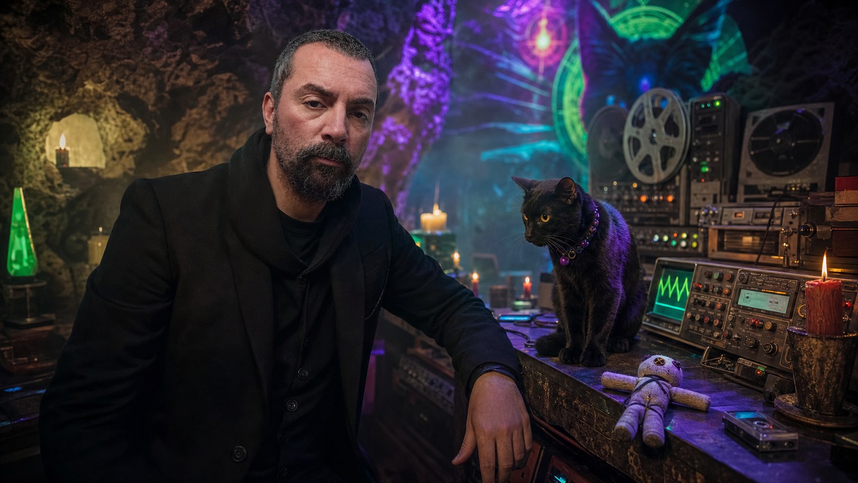 Vudú: el gato que pinchó una foto y se quedó con el algoritmo 4 Tamar Melián y un gato negro dentro de un laboratorio musical retro iluminado en una casa cueva