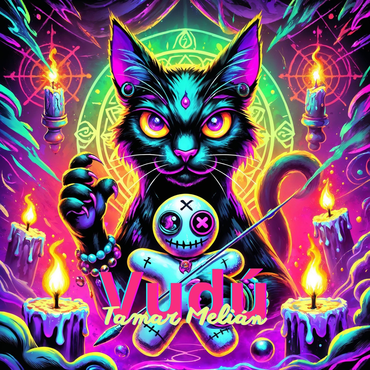 Vudú: el gato que pinchó una foto y se quedó con el algoritmo 3 Portada oficial de Vudú con un gato negro, muñeco ritual, alfileres, velas y colores de neón