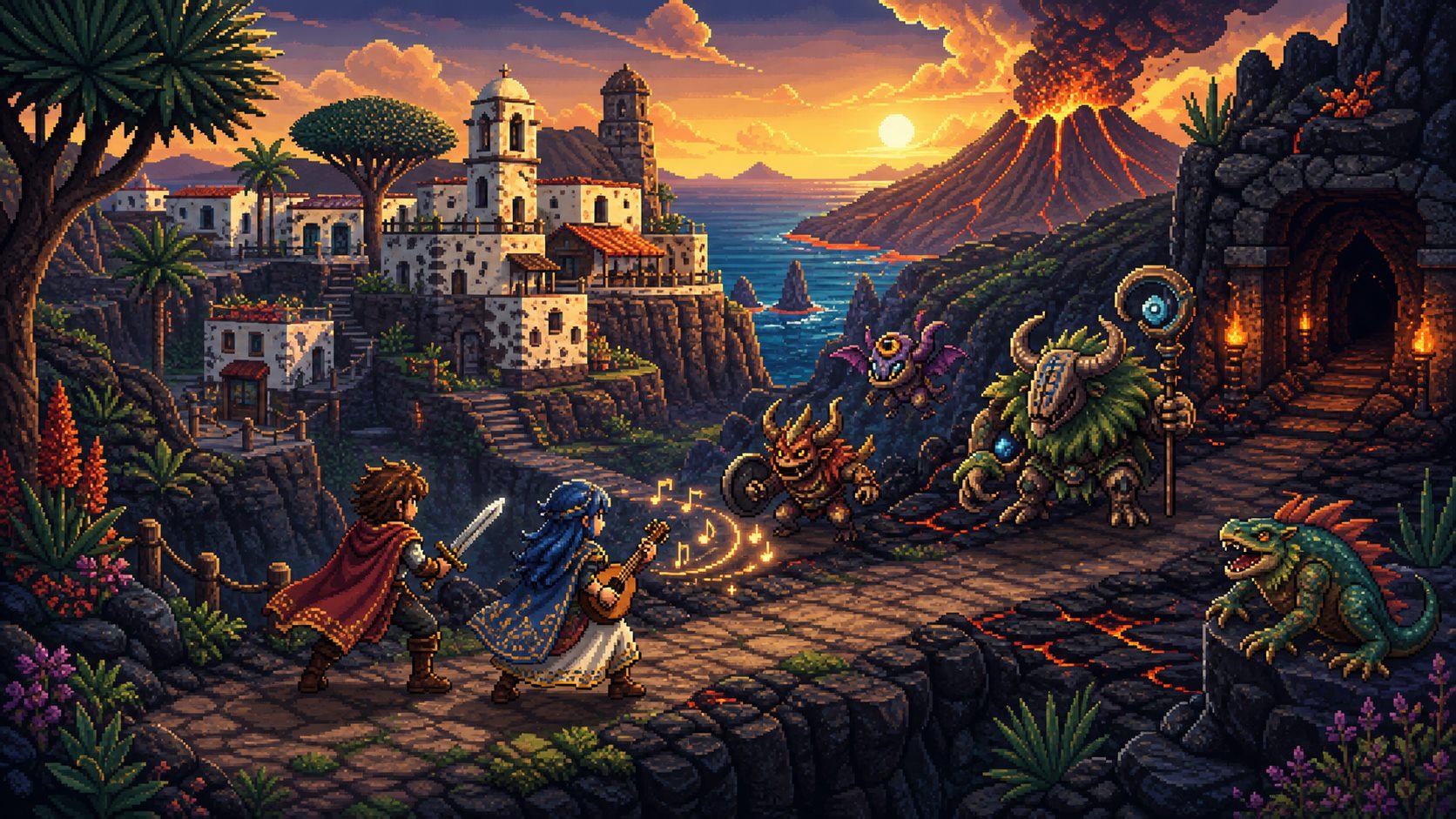 Cuando una canción quiere ser videojuego: el método Tamar Melián 3 Escena pixel art de XerebraRPG con paisaje volcánico, héroes y estética de 16 bits