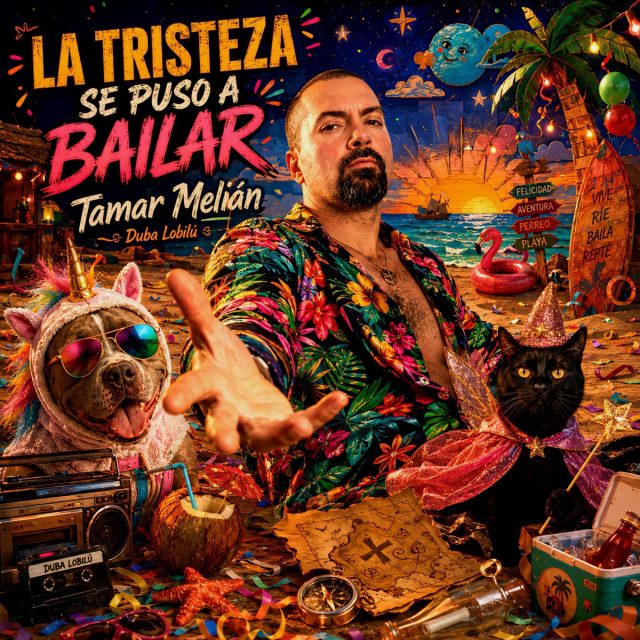 Portada oficial de La tristeza se puso a bailar con Tamar Melián en una fiesta tropical junto a un perro, un gato negro y un radiocasete