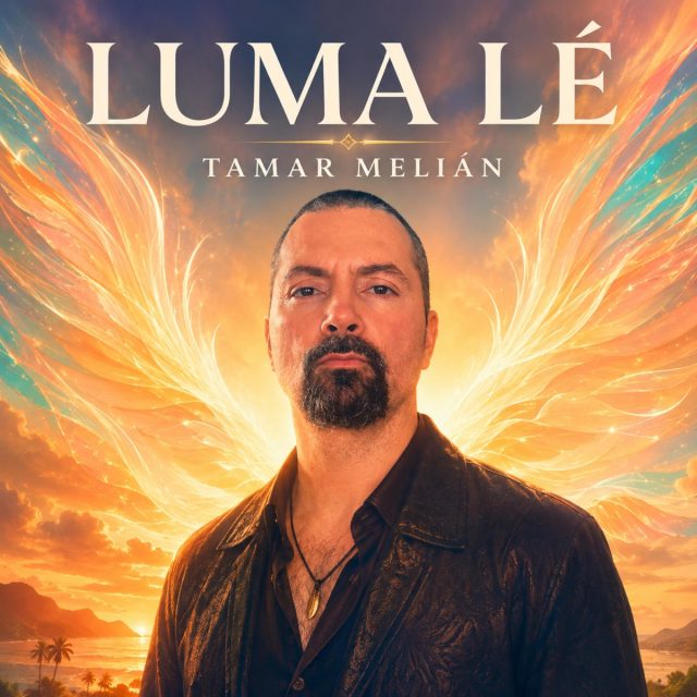 Portada oficial de Luma lé con Tamar Melián vestido de oscuro ante alas luminosas y un paisaje dorado