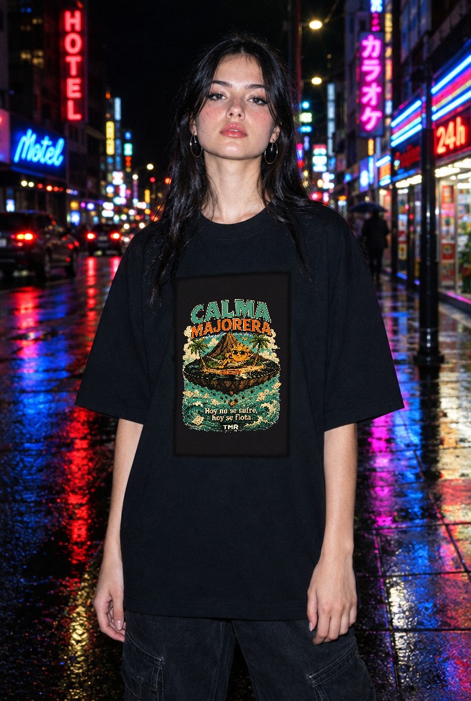 Calma Antigravedad — Camiseta TMR · Calma Majorera · presentación del diseño TMR