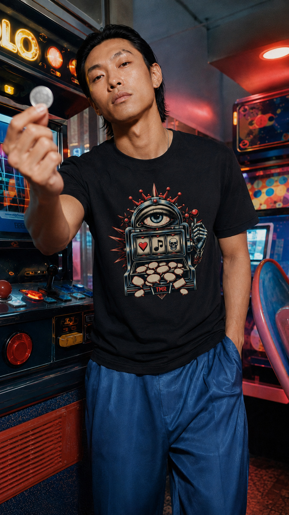 Algoritmo tragaperras — Camiseta 3 Mockup digital de la camiseta negra Algoritmo tragaperras de TMR by Tamar Melián, con una máquina ilustrada y un ojo azul, en una escena arcade con una moneda en primer plano.