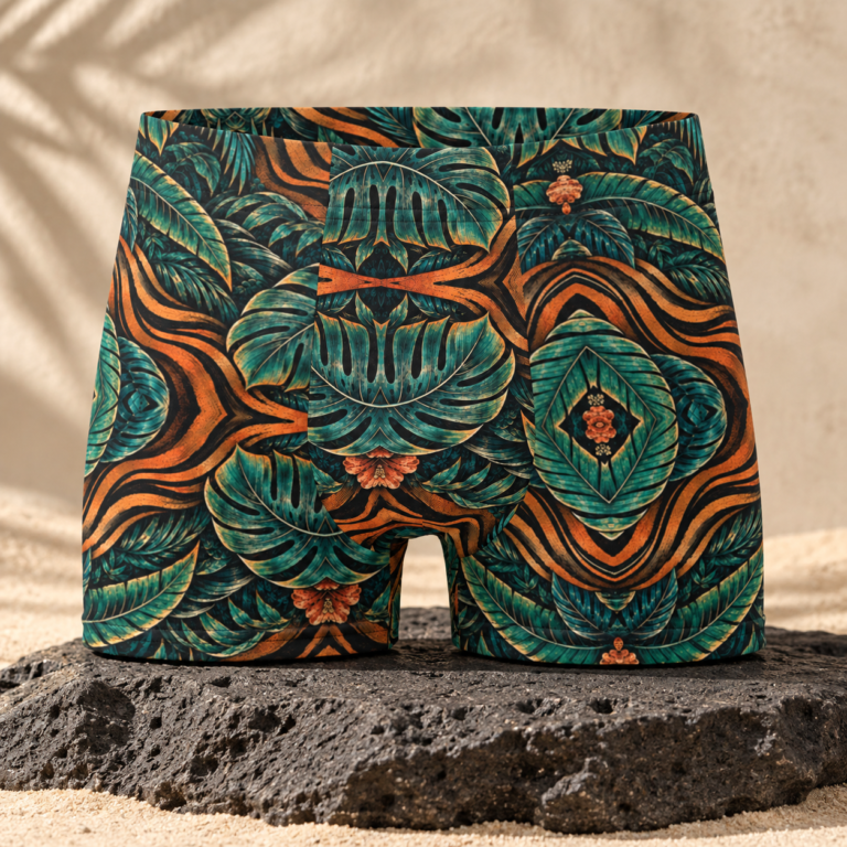 Vista frontal del bóxer Tigre Noctámbulo con estampado vegetal verde petróleo y cobre sobre piedra volcánica.