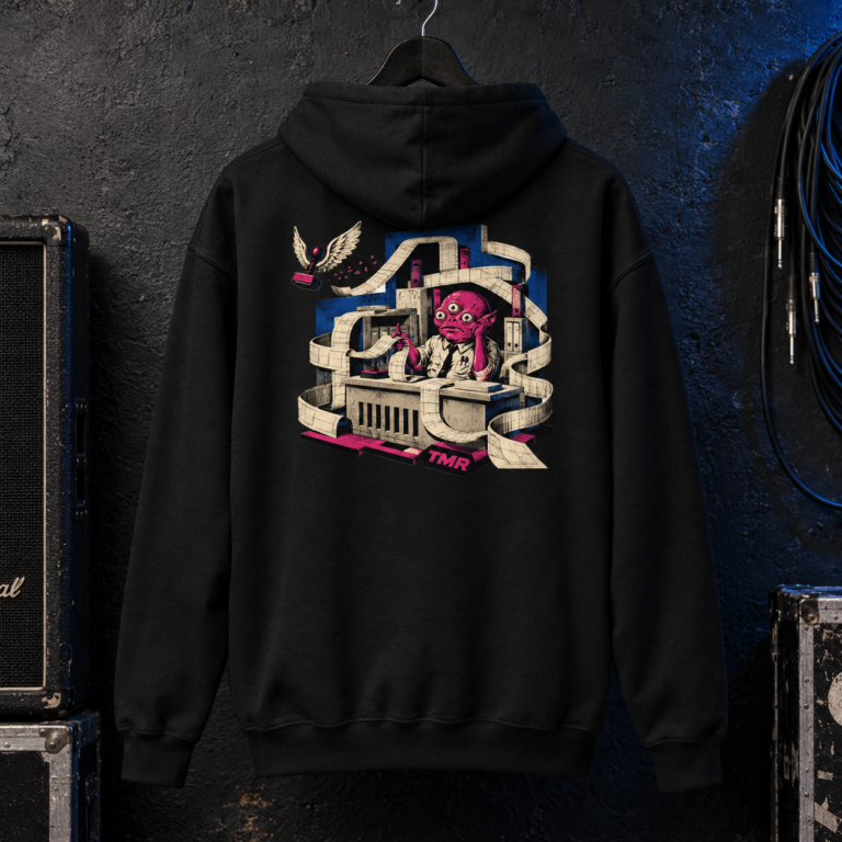 Sudadera negra Buró del caos de TMR by Tamar Melián, espalda estampada, vista de estudio.