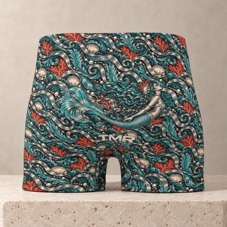 Calzoncillos bóxer Sirena Cromada TMR: vista posterior con sirena y firma sobre estampado marino integral