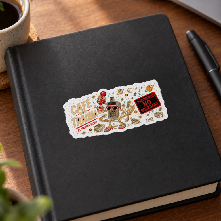 Pegatina Café con Trauma TMR sobre una libreta negra, con ilustración de oficina cósmica, borde blanco y una taza de café al lado.