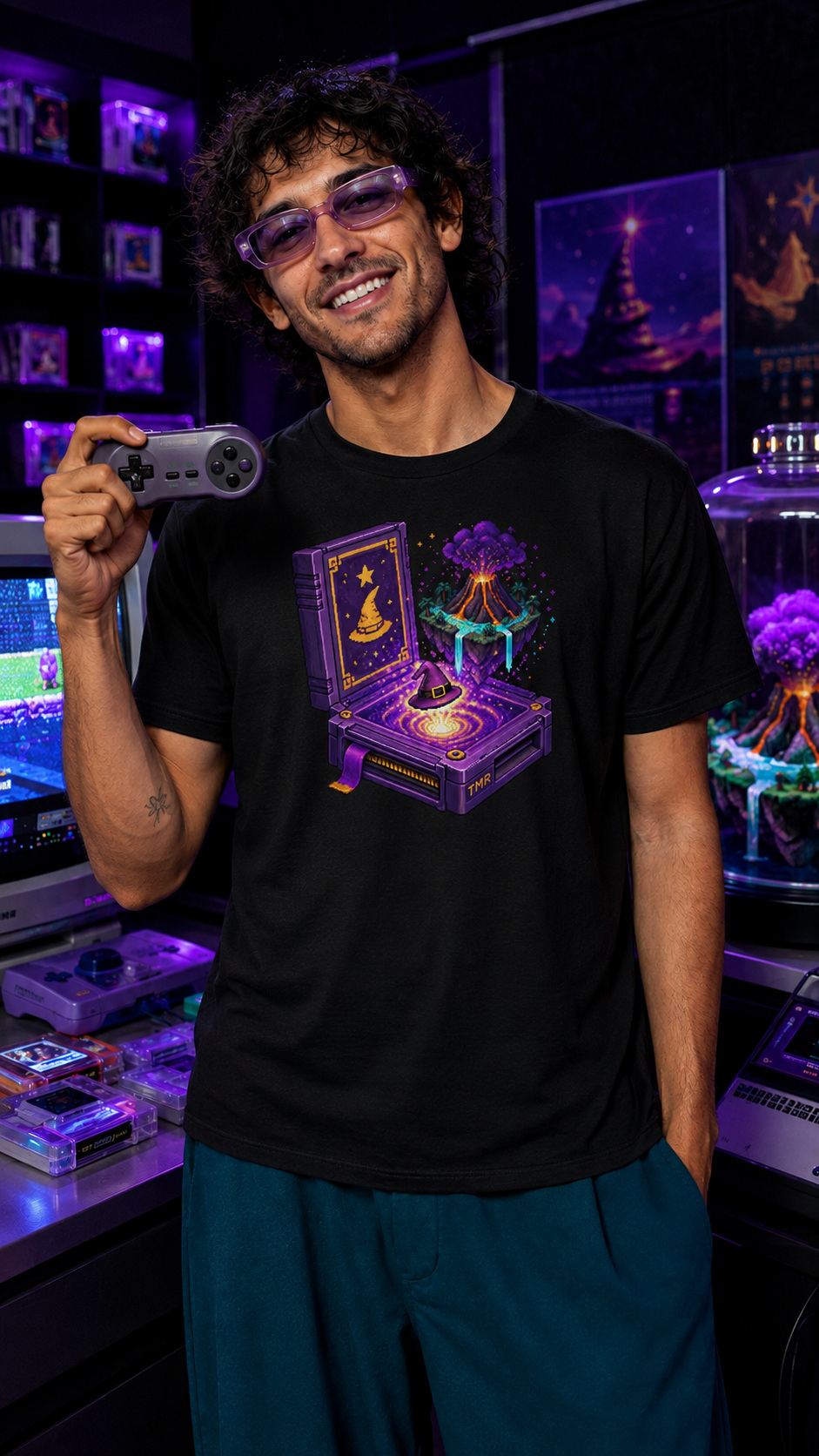Cartucho brujo — Camiseta 3 Mockup digital de un modelo adulto con gafas violetas y un mando levantado junto a la cabeza, mostrando la camiseta negra Cartucho brujo en un salón recreativo.