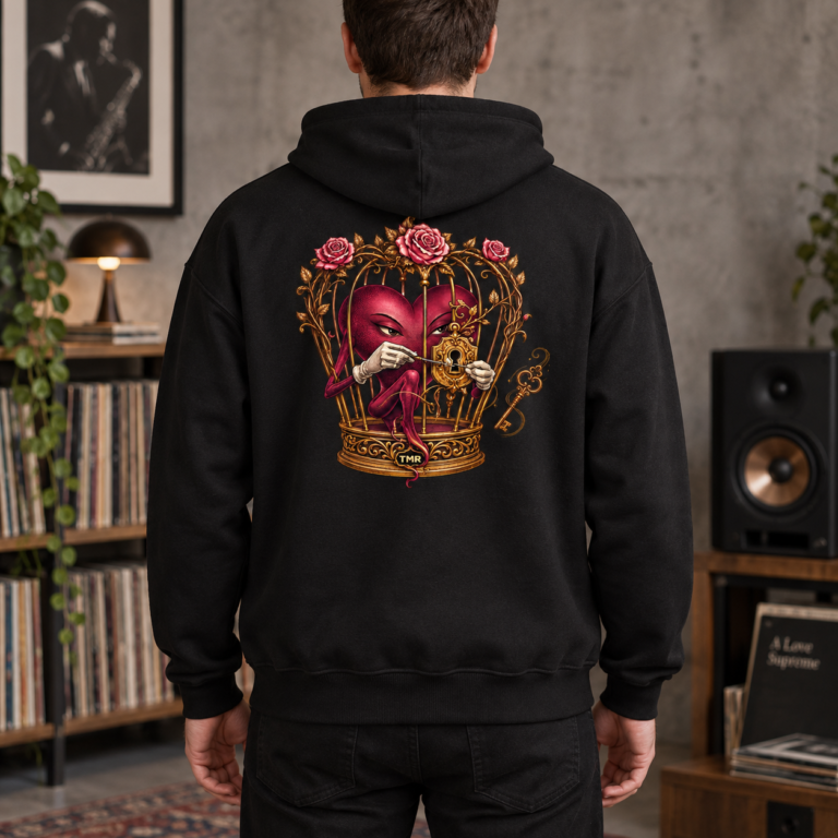 Sudadera negra Corazón escapista de TMR, vista de espalda en modelo adulto con corazón magenta y jaula dorada