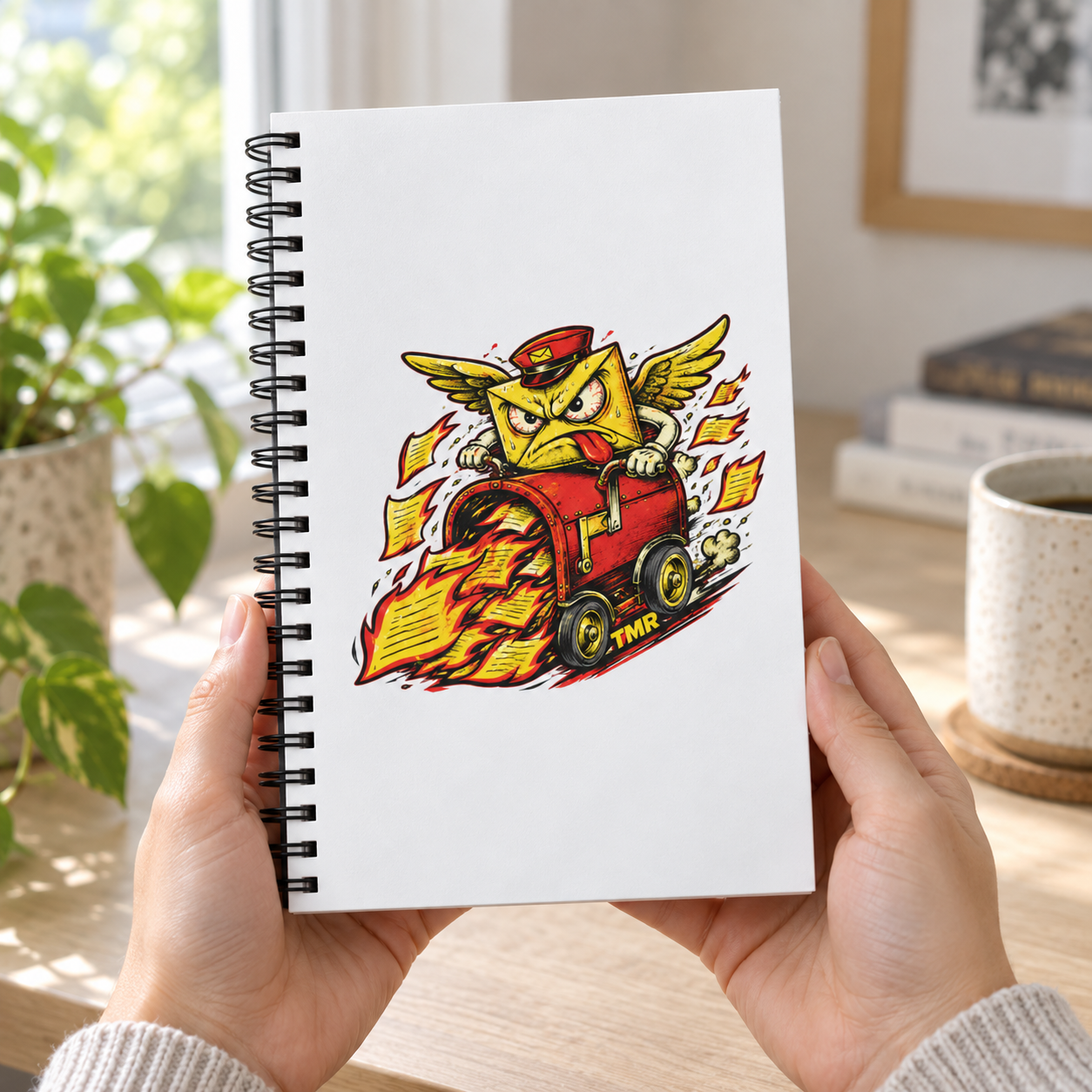 Correo al infierno — Libreta de espiral 3 Libreta Correo al infierno de TMR sostenida con ambas manos junto a una ventana, con el dibujo completo y las anillas negras visibles.