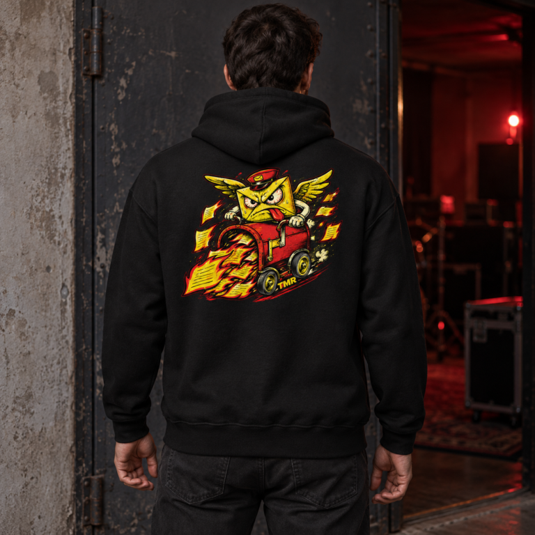 Sudadera negra Correo al infierno TMR vista de espalda en un modelo adulto junto a un local de música