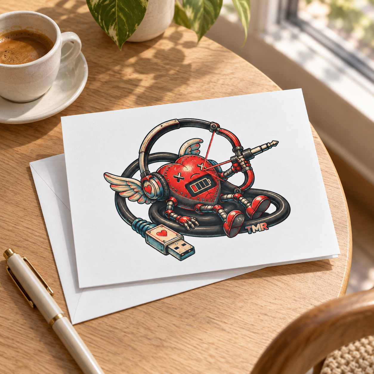 Cupido sin batería — Tarjeta con sobre 5 × 7 2 Tarjeta Cupido sin batería TMR con sobre blanco sobre mesa de madera junto a una ventana, con ilustración completa visible.