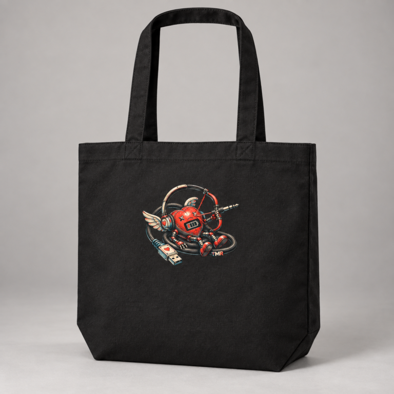 Bolsa tote negra Cupido sin batería de TMR by Tamar Melián, vista completa de catálogo con asas negras y diseño visible