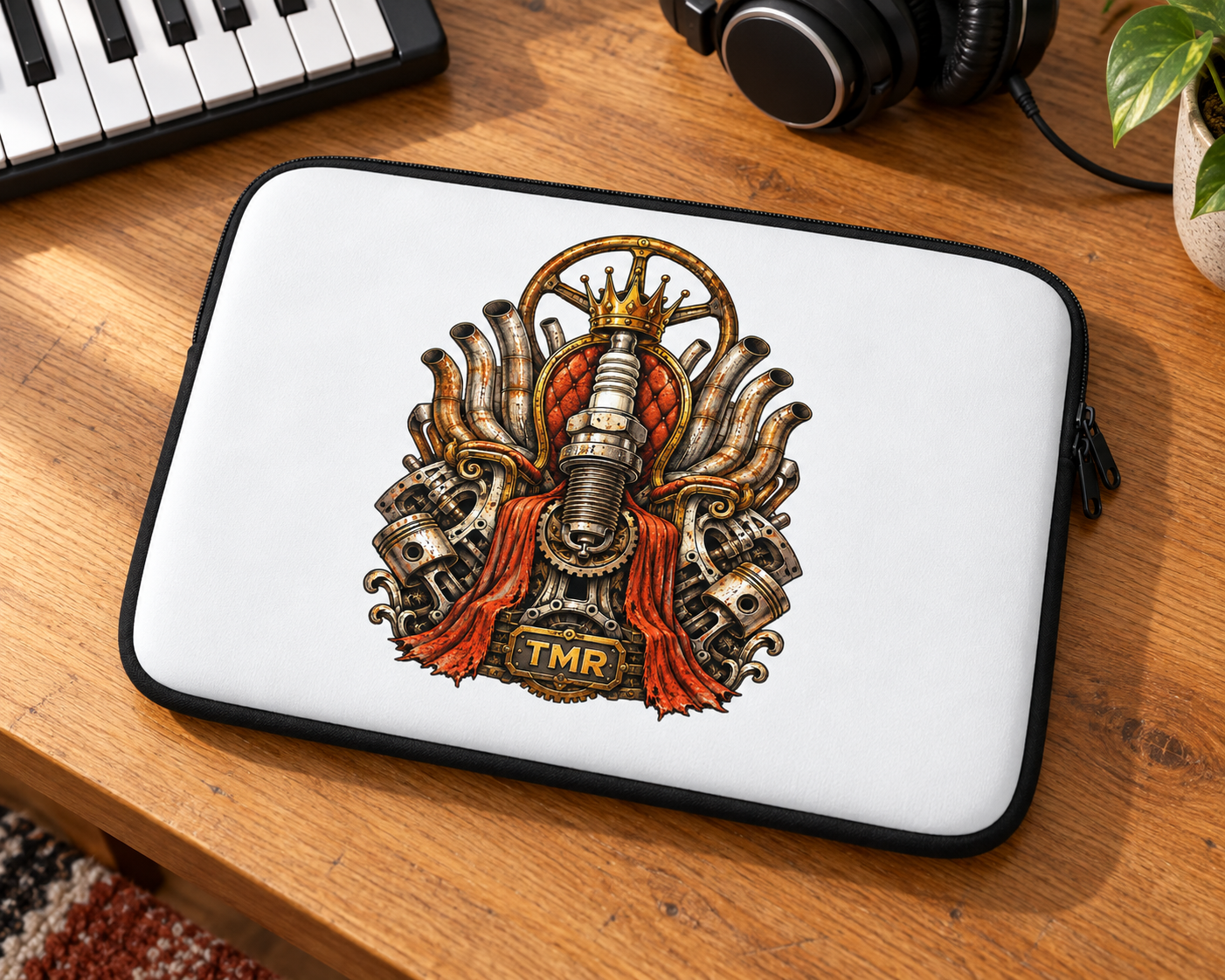 Desguace sagrado — Funda de portátil 13 pulgadas 2 Funda Desguace sagrado TMR de 13 pulgadas sobre escritorio musical con luz natural y estampado completo visible.