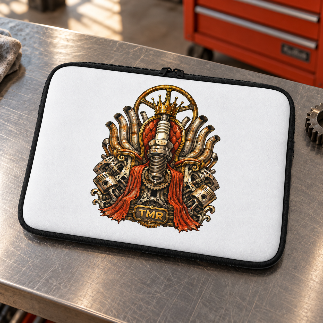 Desguace sagrado — Funda de portátil 13 pulgadas 3 Detalle de la funda Desguace sagrado TMR sobre mesa de taller: frontal blanco, cremallera negra e ilustración del trono mecánico.