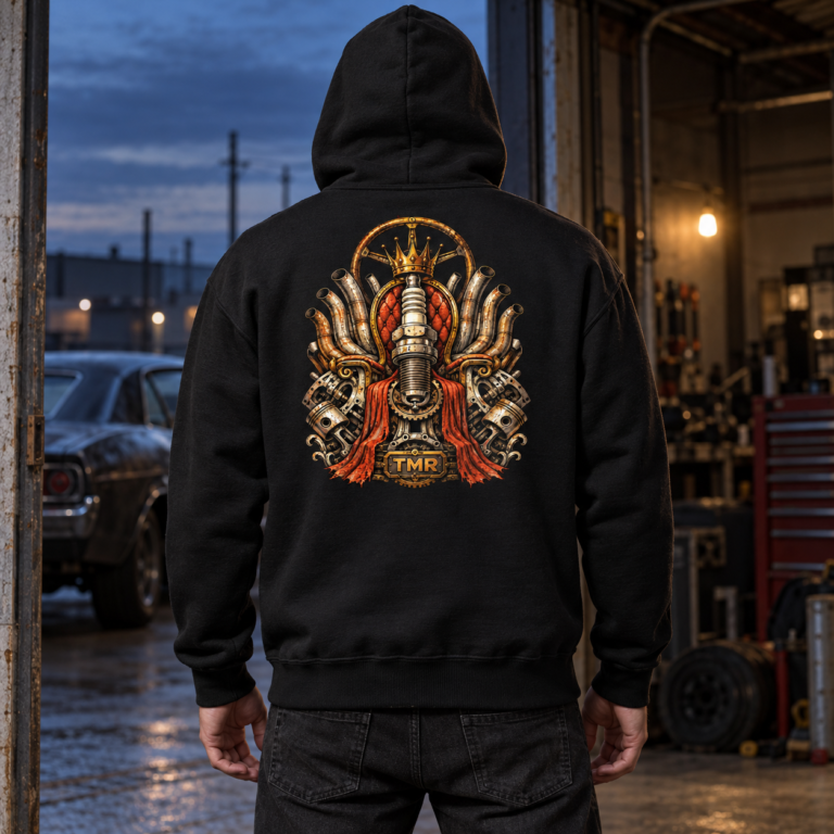 Sudadera negra Desguace sagrado TMR vista de espalda en un garaje, con trono mecánico dorado y detalles rojos